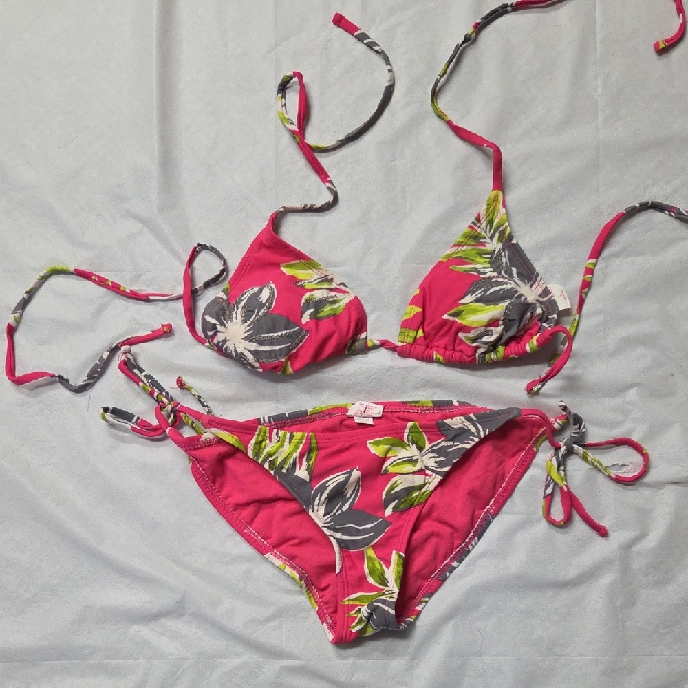 Xhilaration Hot Pink Tropical Floral Tie Bikini